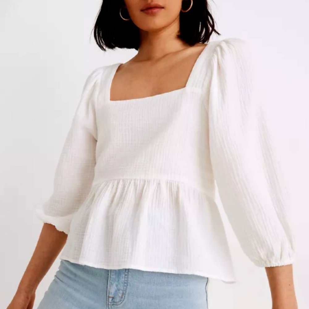 NWT Madewell Lightspun Millbrook Puff-Sleeve Peplum Top